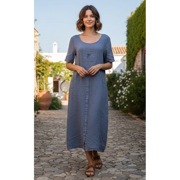 Dresses & Skirts - Womens Linen Button Front Maxi Shirt Dress Embroidered Logo Size S Blue Chambray